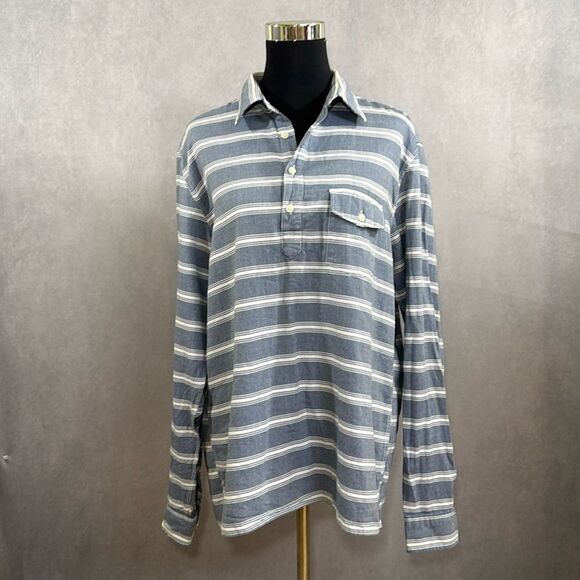 J. Crew Work Shirt | Blue White Striped Twill Rugby Camp Shirt | Size L - Picture 2 of 6